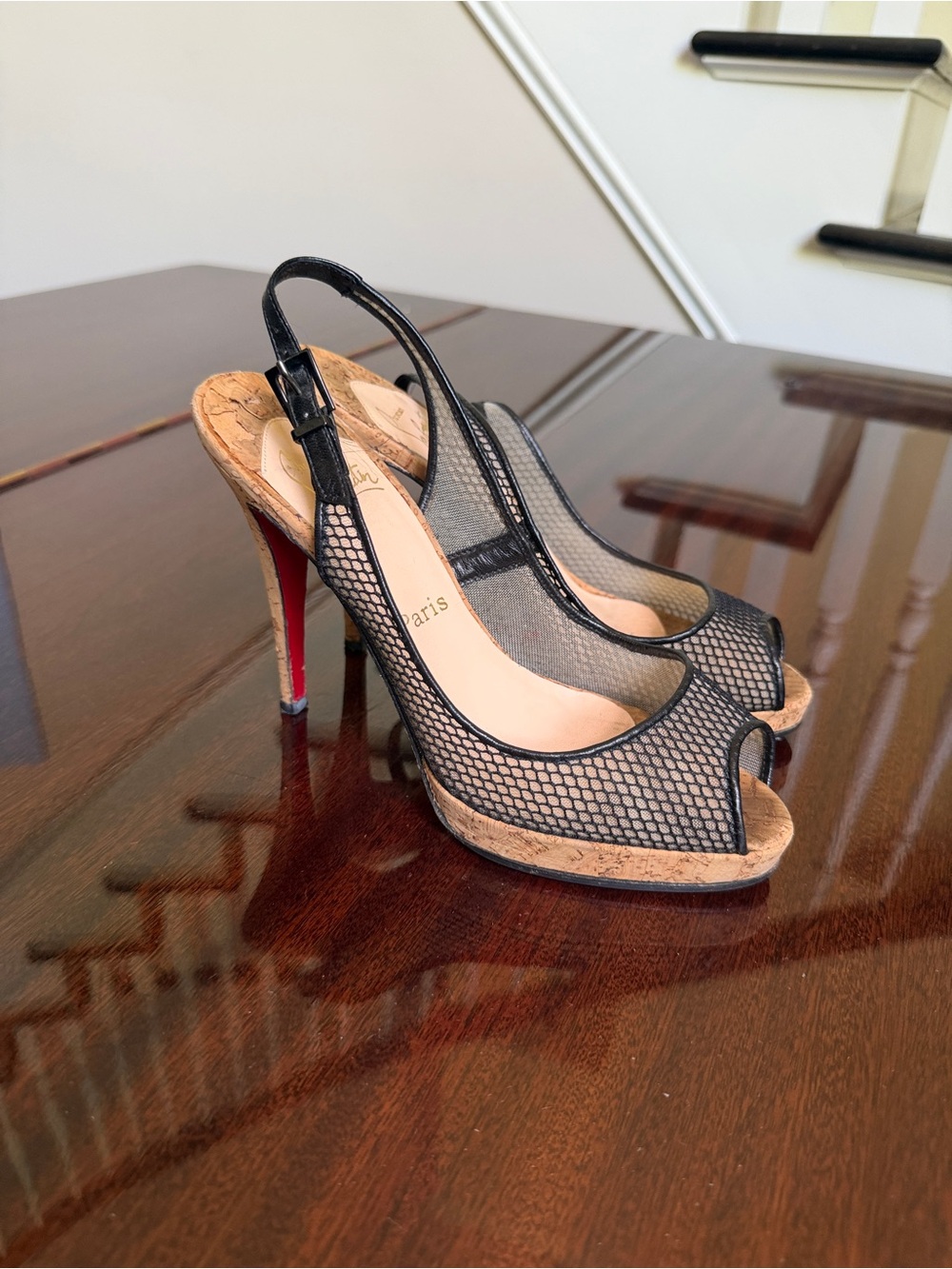 Christian Louboutin Black Mesh Peep-Toe Cork Platform Slingbacks Shoes